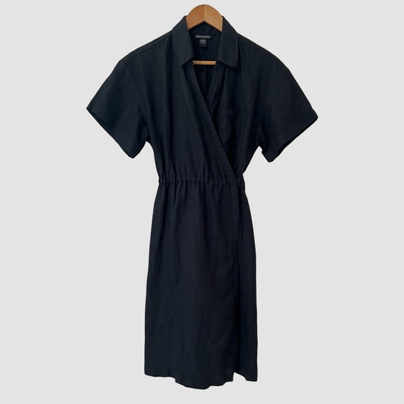 Athleta Black Linen Short Sleeve Knee Length Wrap Dress US6 - Picture 2 of 7